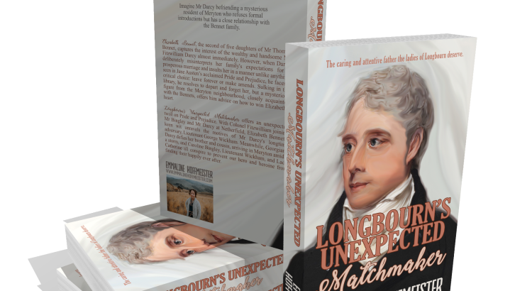 A 3D book stack of paperback's. The book is Longbourn's unexpected Matchmaker by Emmaline Hoffmeister.