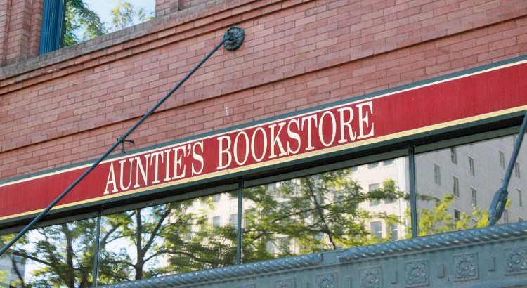 The sign out front of Auntie's Bookstore in Spokane, Washington.