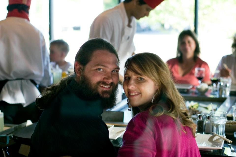 Michelle and Adam Argyle at the hibachi grill for dinner after the Rhemalda Publishing Got Stories Conference in Salt Lake City, Utah.