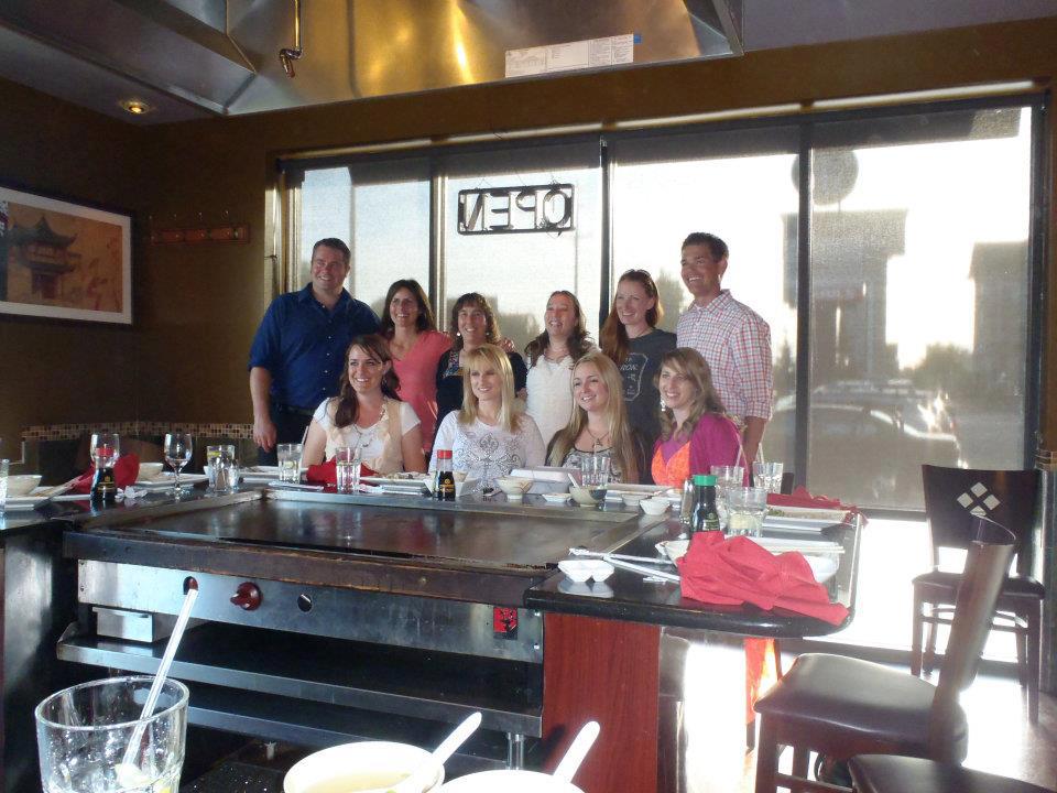 All of the Rhemalda Publishing authors with Rhett and Emmaline at the hibachi grilll for dinner after the Rhemalda Publishing Got Stories Conference in Salt Lake City, Utah.