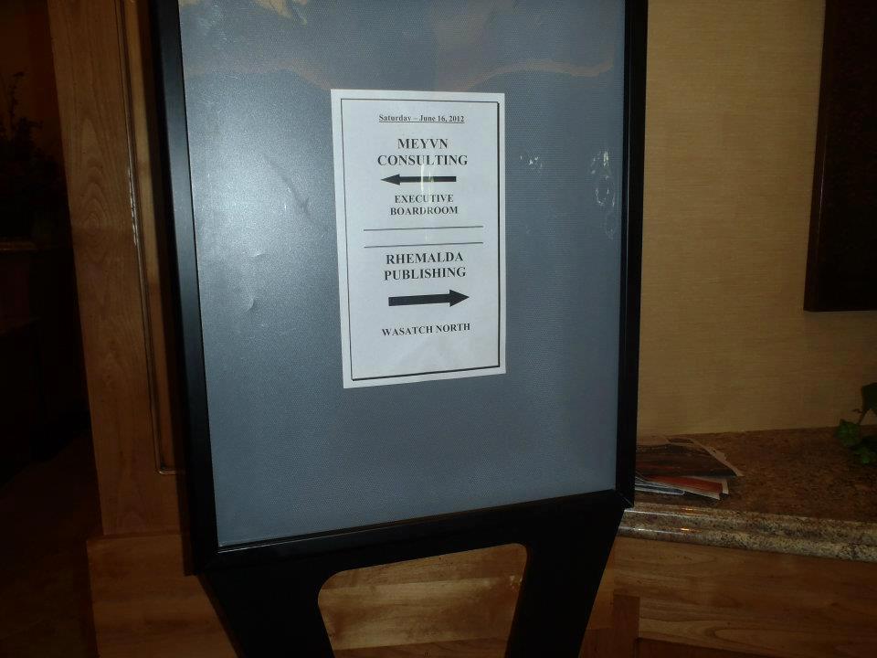 The Rhemalda Publishing Got Stories Conference sign at the hotel in Salt Lake City, Utah.