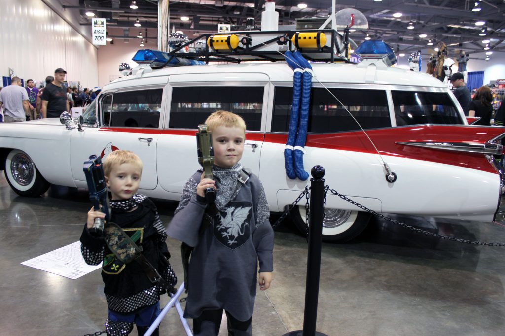 ARH and DEH with the Ghostbuster car at the Columbus Ohio Comic Con.