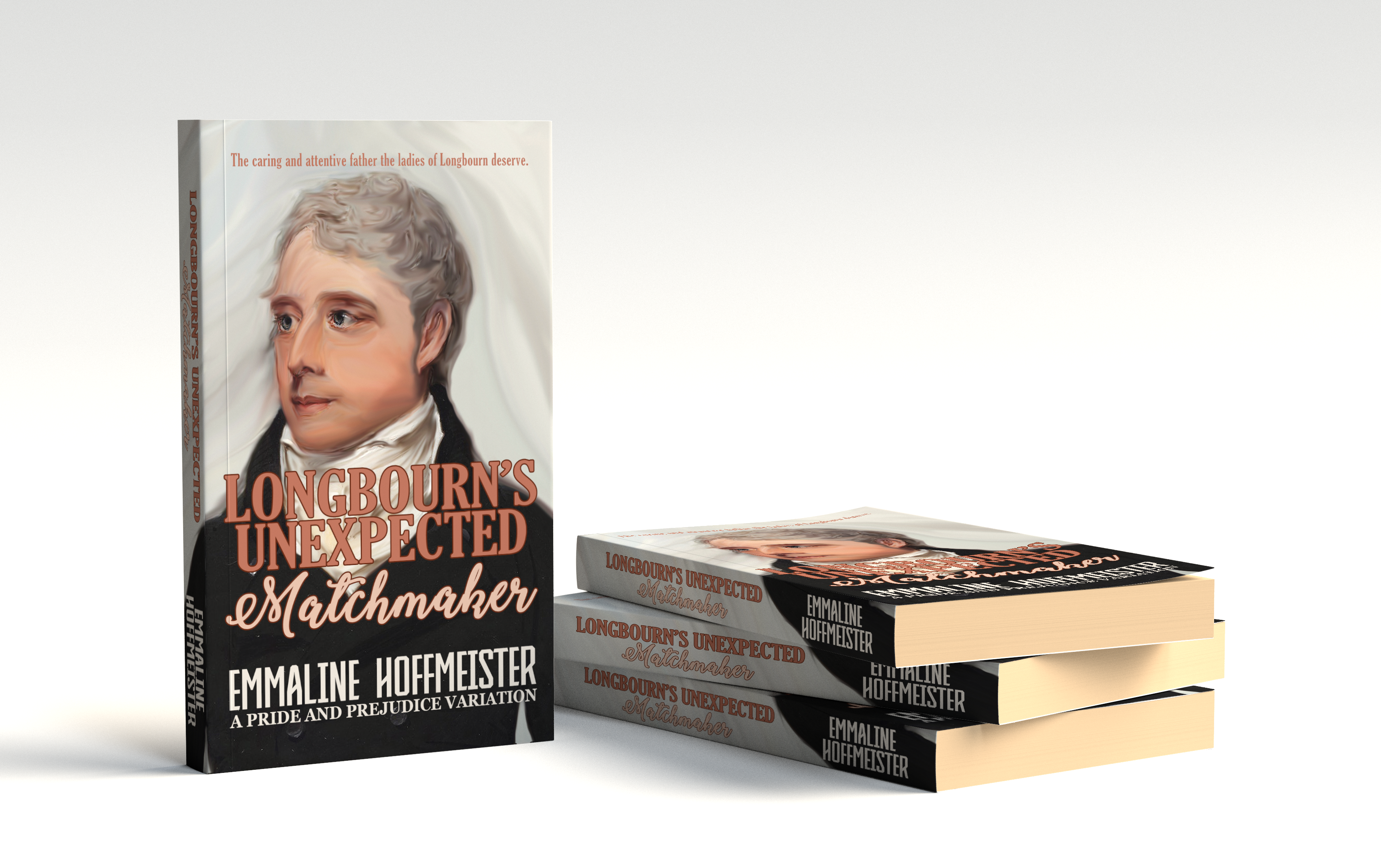 A 3D book stack of paperbacks of Longbourns Unexpected Matchmaker by Emmaline Hoffmeister.