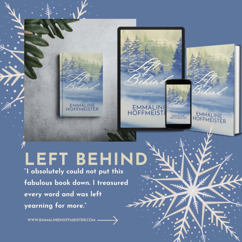 A snippet from a book review of Left Behind, a christian fiction novel, by Emmaline Hoffmeister. The snippet is put on a book promotional image with a blue background an a pretty snowflake with 3D images of the book.