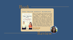 A book review graphic for The Truth About Running by Rachel John. The design features the book cover showing a man in a light sweater and a woman in a casual red sweater against a clean background, along with a review describing the story of Sara Jensen, a college student who flees to Arizona after a humiliating marriage proposal and reconnects with Matt, her new neighbor and the brother of the man she turned down.