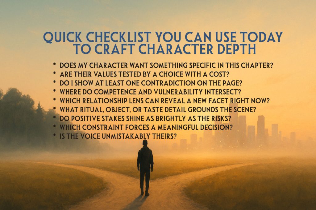 A character depth writing checklist displayed over an illustration of a lone figure at a crossroads at golden hour, with one path leading to a forest and the other to a city skyline. No Trauma Needed.