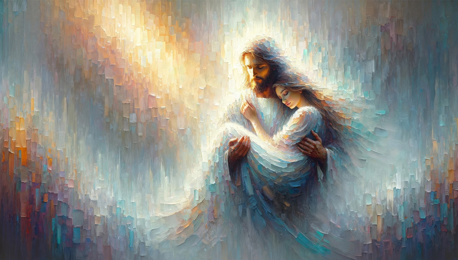 An impressionistic painting of Jesus Christ holding a woman tenderly in His arms, surrounded by radiant light and soft, textured brushstrokes in shades of gold, blue, and white.