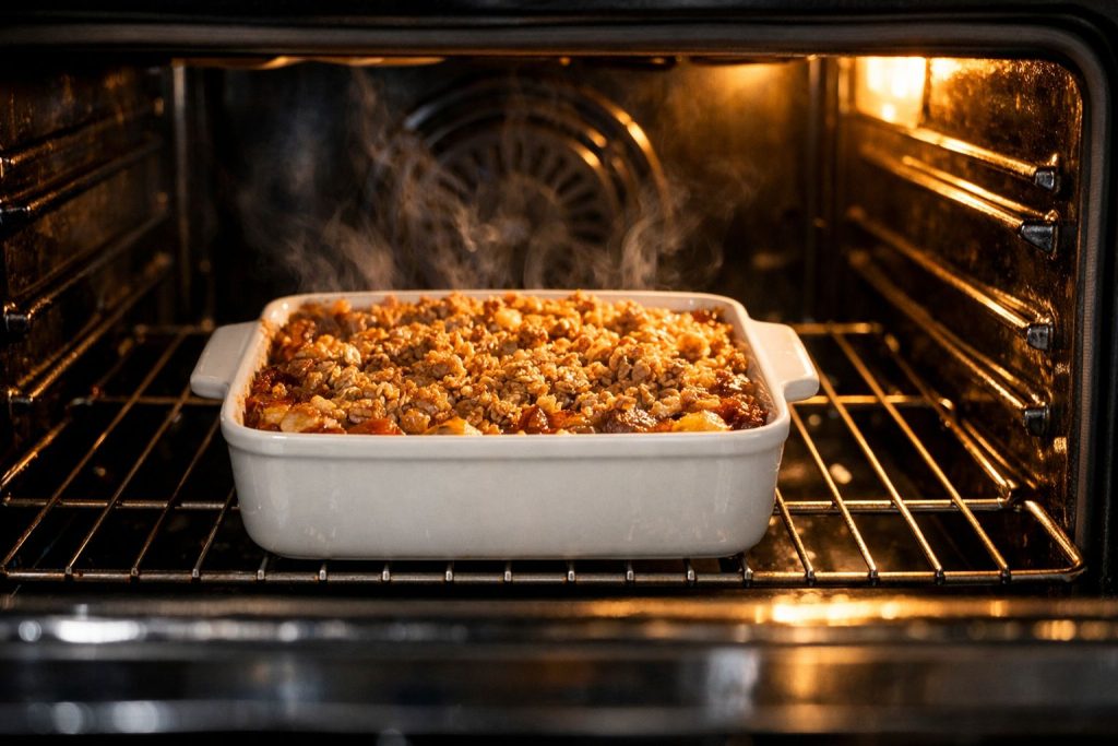 Apple crisp baking in oven in a white 9x9 ceramic dish with golden oat topping and steam rising