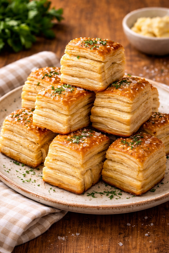 Freshly baked stacked and layered buttermilk rolls.