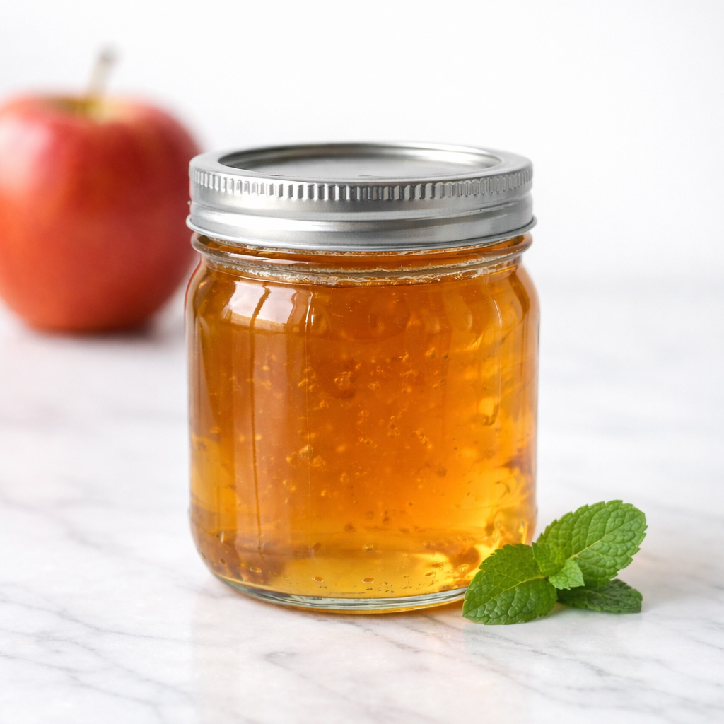 Clear mason jar filled with amber spiced apple mint jelly on a white surface, fresh mint sprig beside it and a red apple softly blurred in the background.
