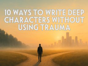 A silhouette of a person standing at a fork in the road at sunrise, with a city skyline in the distance. The text reads: “10 Ways to Write Deep Characters Without Using Trauma.”