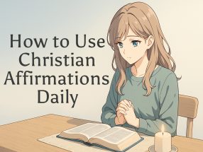 Anime-style illustration of a young woman with expressive eyes praying at a wooden table with an open Bible and candle, minimalist Scandinavian design with muted tones and negative space for text overlay reading “How to Use Christian Affirmations Daily.”