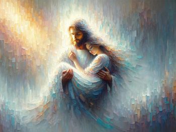 An impressionistic painting of Jesus Christ holding a woman tenderly in His arms, surrounded by radiant light and soft, textured brushstrokes in shades of gold, blue, and white.
