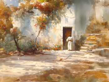 A painting of Jesus Christ standing before an old wooden door, gently knocking, surrounded by stone steps, whitewashed walls, and flowering vines in warm sunlight.