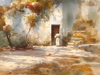 A painting of Jesus Christ standing before an old wooden door, gently knocking, surrounded by stone steps, whitewashed walls, and flowering vines in warm sunlight.