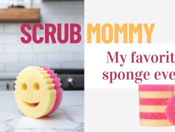 A Scrub Mommy Sponge in the center of a marble kitchen counter.